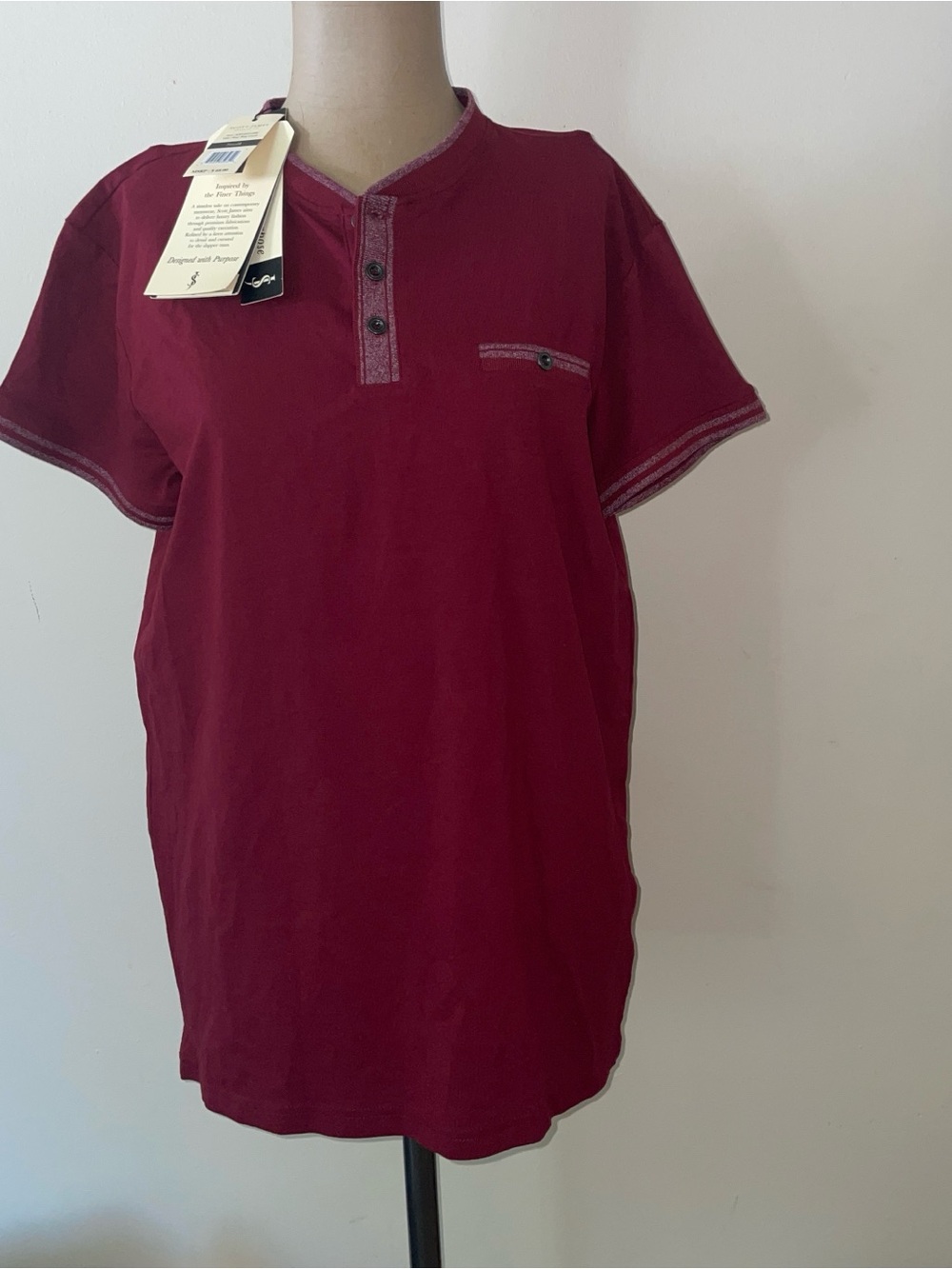 Men's Short Sleeve Henley Polo in Burgundy with Contrast Trim